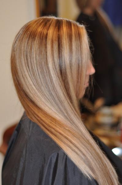 White and brown hair highlights